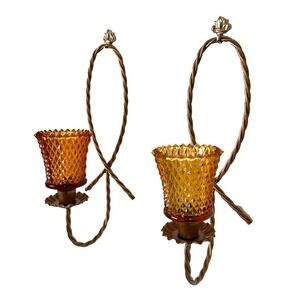 Vintage Gold Metal Rope Wall Sconce Amber Glass Candle Votive Pushpin Set 2 EUC